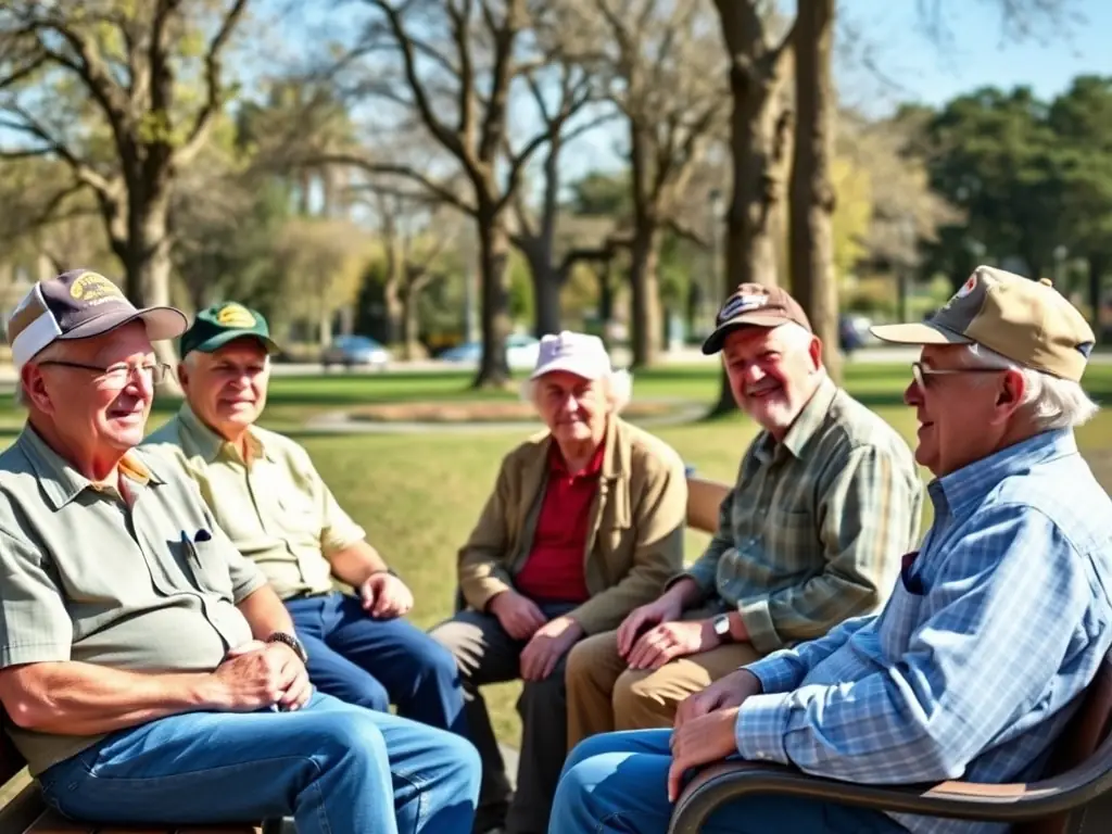 Veterans participating in a community event, sharing stories and experiences, fostering camaraderie and social connection.