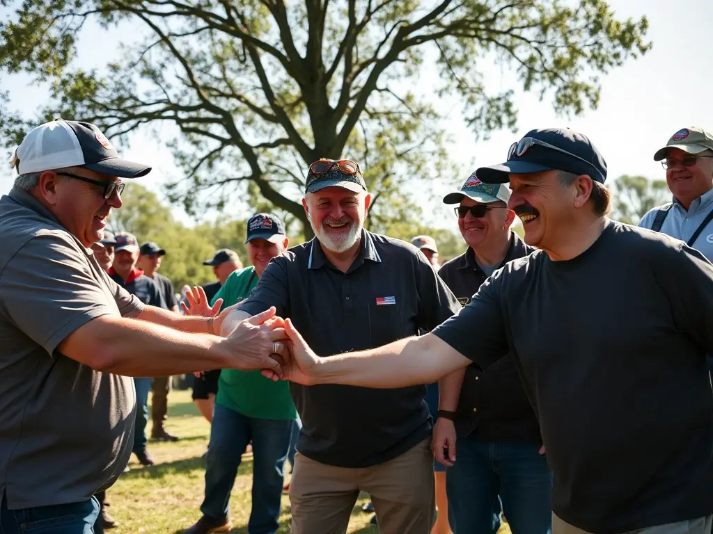 Veterans participating in a group outdoor activity, smiling and engaging with each other, showcasing the Fellowship & Community Events program.
