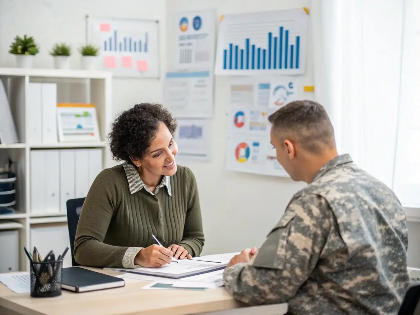 A veteran receiving assistance with financial planning and resource navigation, showcasing access to communal and financial support.
