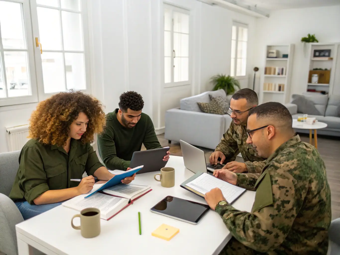 A group of veterans participating in a leadership workshop, focusing on skill development and mentorship, set in a modern, collaborative workspace.