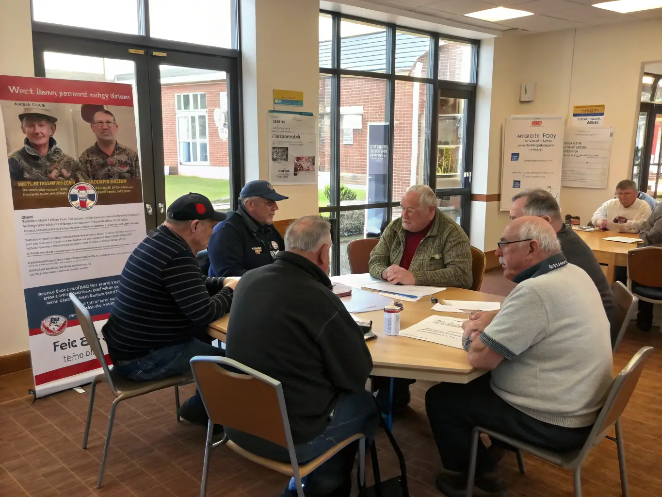 A group of veterans engaged in a leadership workshop, sharing ideas and supporting each other, symbolizing the Veteran Leadership & Mentorship Program.
